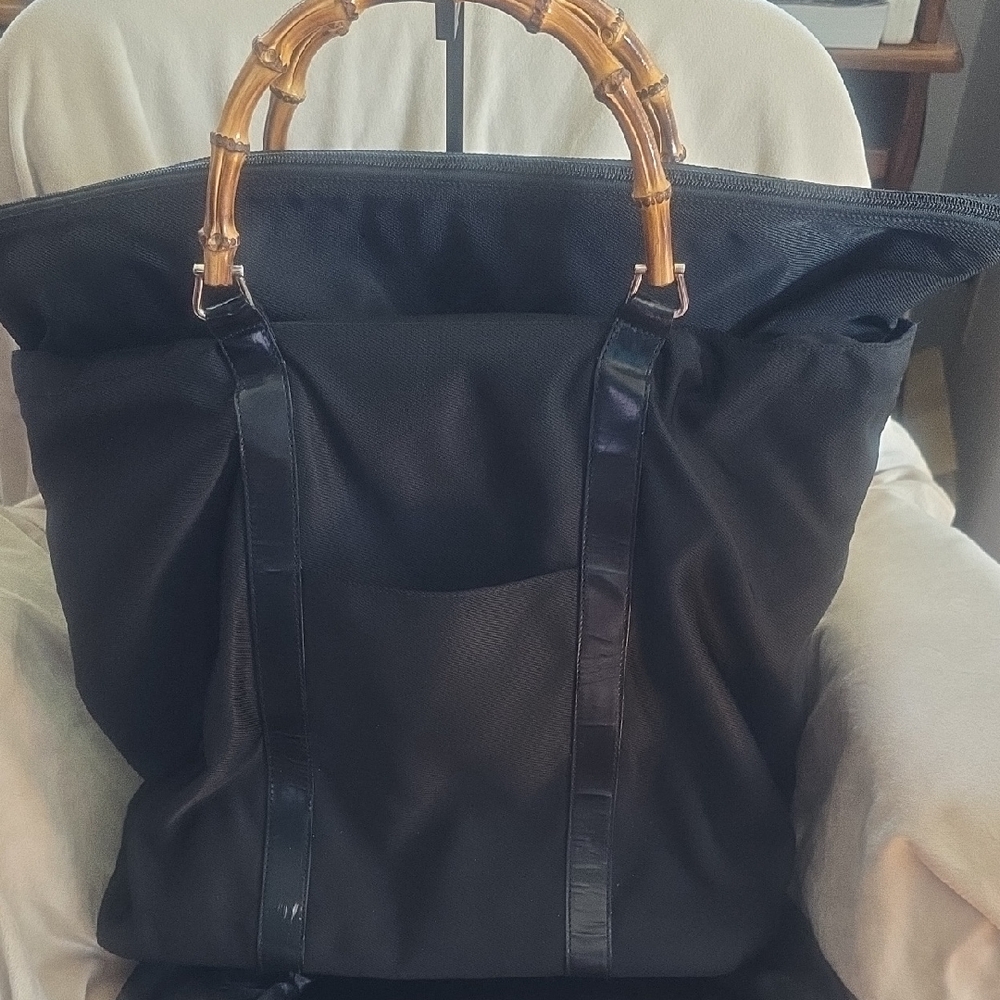 Gucci Bamboo Handles Black Nylon Tote EUC